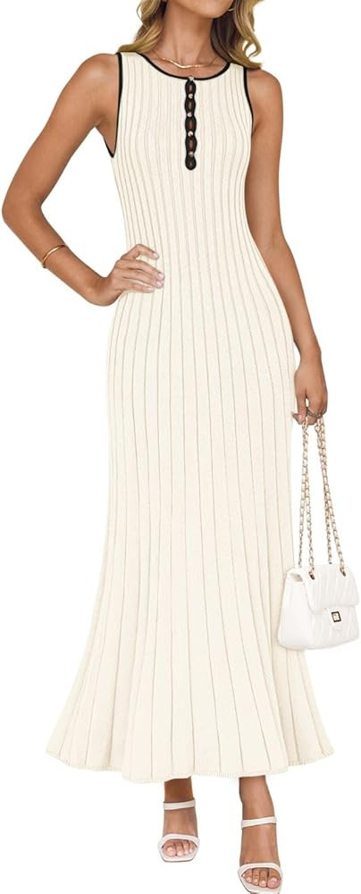 ZESICA Womens 2025 Summer Long Maxi Dress Sleeveless Crew Neck Hollow Out Pleated Ribbed Knit Swi... | Amazon (US)