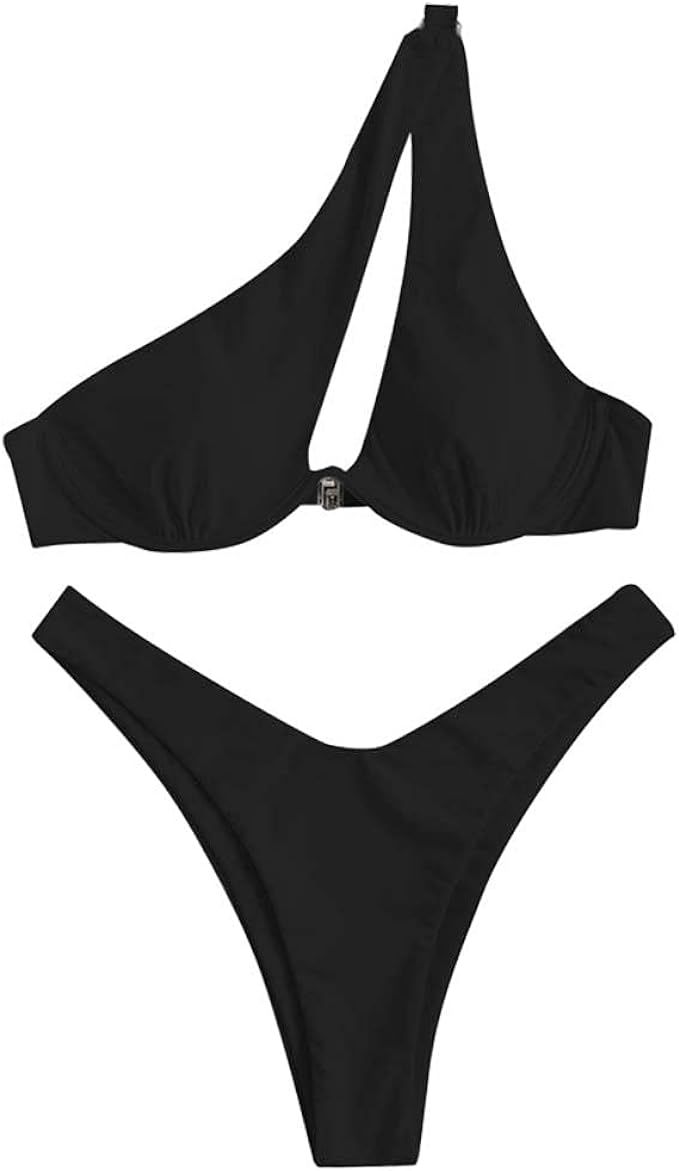 ZAFUL Women's Sexy Cutout One Shoulder Bikini Underwire Padded Bathing Suit Cheeky Thong Brazilia... | Amazon (US)