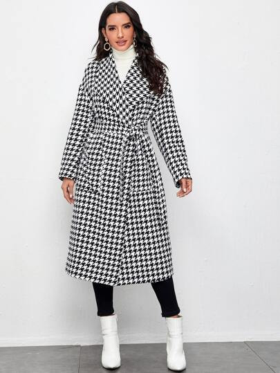 SHEIN Waterfall Collar Pocket Patched Self Belted Houndstooth Coat
   
    SKU: swouter0720102490... | SHEIN