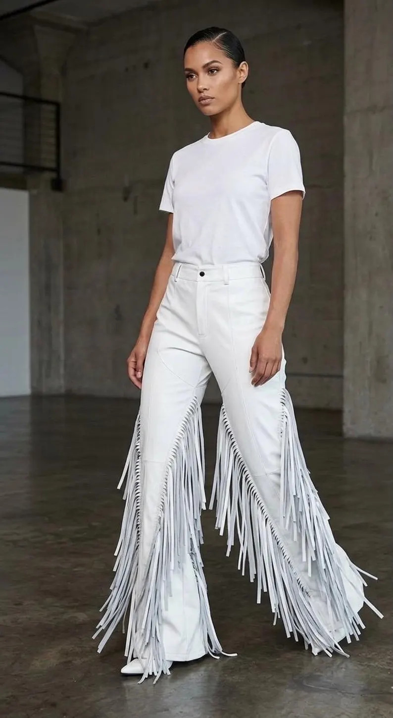 White Cowgirl Leather Fringe Pants | Western Bride Leather Trousers | Bachelorette Party Outfit |... | Etsy (Global)