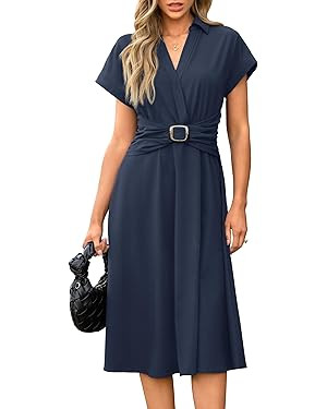 Newshows Womens Button Down Shift Dress Wear to Work Collar V Neck Business Casual Outfits Short ... | Amazon (US)