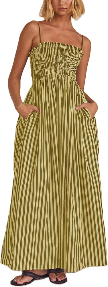 KMBANGI Women Striped Sleeveless Maxi Dress Swing Aline Midi Dress Backless Smocked Spaghetti Str... | Amazon (US)