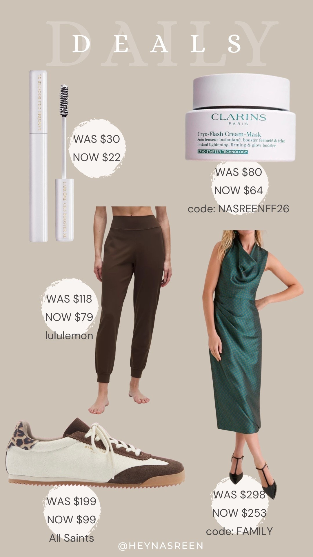 Daily deals on Lancôme mascara primer, Clarins cyro mask, Tuckernuck dress, lululemon joggers, All Saints sneakers