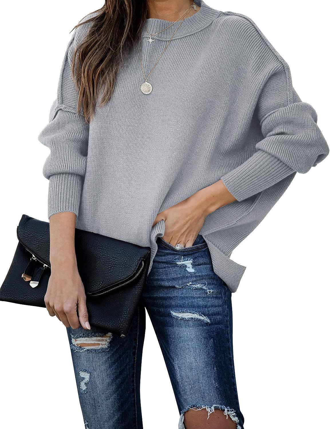 SERAIH Womens Batwing Sleeve Pullover Loose Side Split Oversized Solid Sweaters Drop Shoulder Slo... | Amazon (US)