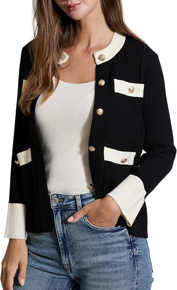 Classy Knit Cardigan Sweater - 2024 Crewneck Cardigan for Women (Ivory, Black) Perfect for Fall S... | Amazon (US)