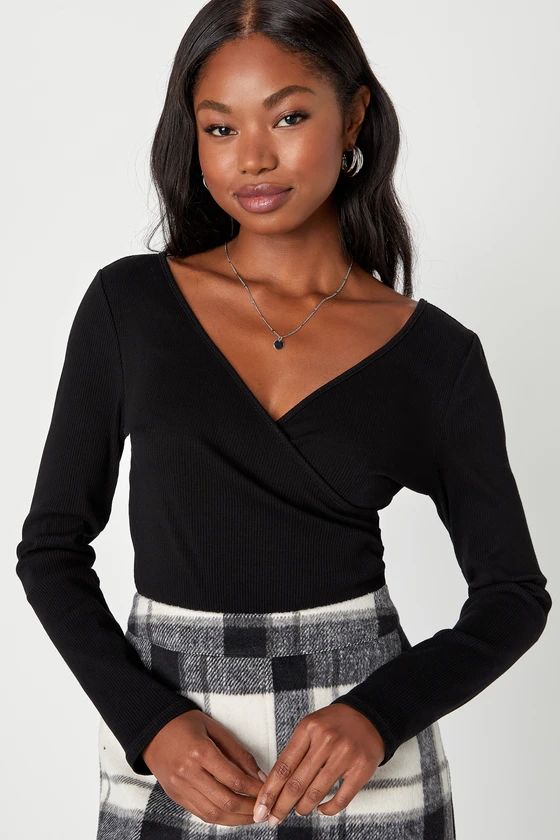 All Day Fave Black Ribbed Surplice Long Sleeve Top | Lulus (US)