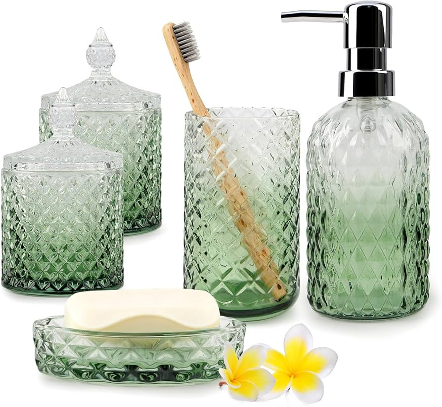 Glass Bathroom Accessories Set 5pcs- Gradient Green & Clear Soap Dispenser, Toothbrush Holder, So... | Amazon (UK)