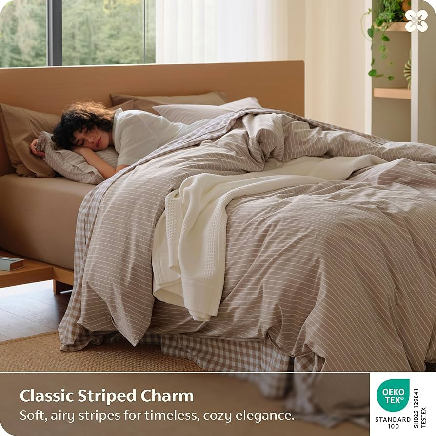 Bedsure Striped Duvet Cover Queen, 100% Washed Cotton Duvet Cover Linen‑Like, PureWoven with Re... | Amazon (US)