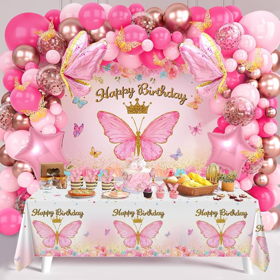 Pink Balloon Arch Kit with Foil Butterfly Balloons, Happy Birthday Backdrop & Tablecloth Decorati... | Amazon (US)