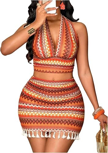 SHENHE Women's 2 Piece Skirt Sets Boho Halter Cami Top and Fringe Mini Skirt Set Summer Vacation ... | Amazon (US)