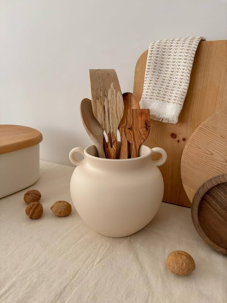 Multi-Purpose Ceramic Kitchen Organizer - Rustic Nordic Handled Vase & Utensil Crock, Cream Beige... | Amazon (US)