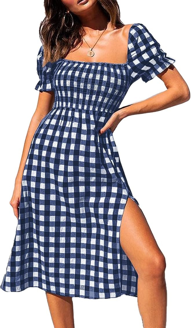 PRETTYGARDEN Plaid Dress for Women Short Puff Sleeve Square Neck Side Split Summer Midi Flowy Dresse | Amazon (US)