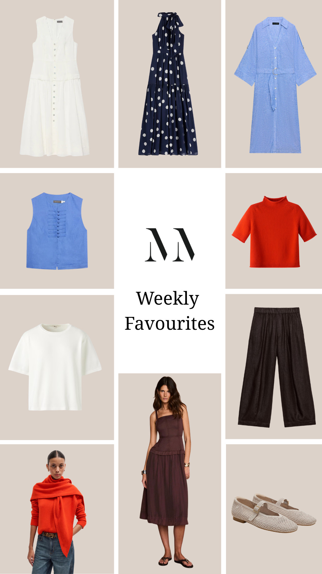 The Weekly Favourites Edit 

white summer dress, navy polka dot maxi, blue shirt dress, blue linen waistcoat, red knit tee, crisp white tee, wide-leg trousers, orange knit, brown midi dress, woven Mary Jane flats 

 #LTKuk #LTKspring #LTKeurope