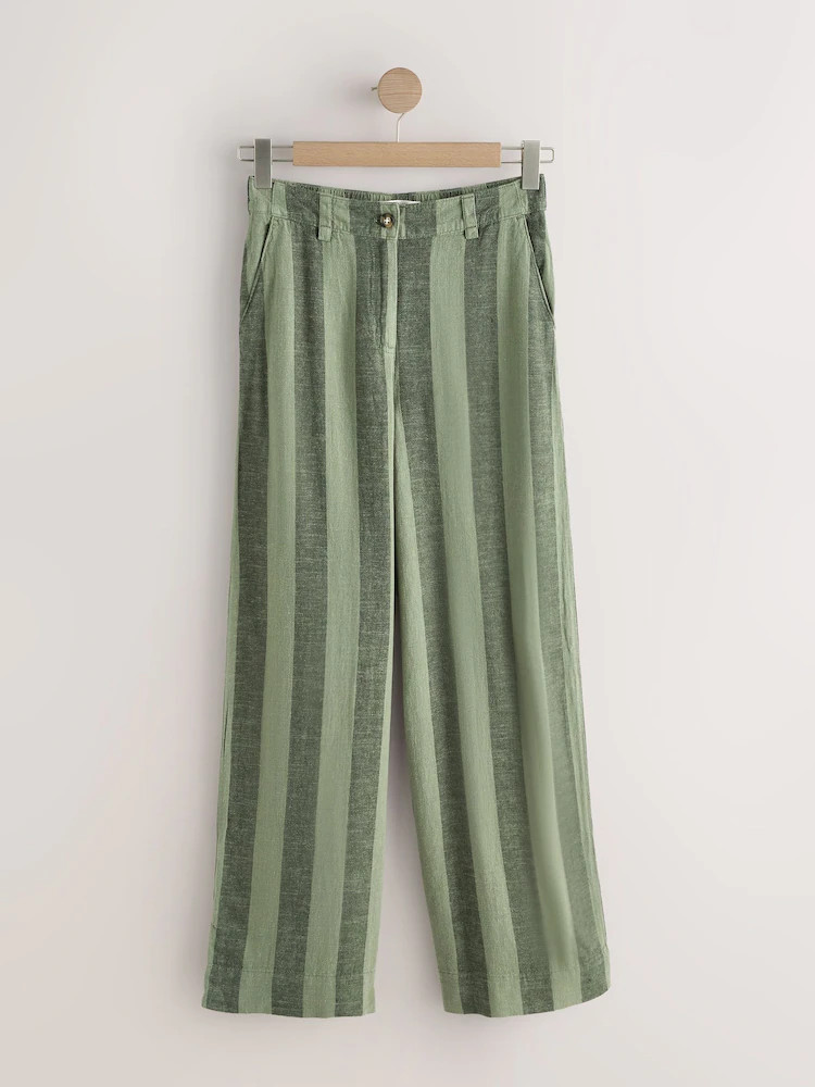 Khaki Green Stripe Smart Front Linen Blend Wide Leg Trousers | Next US