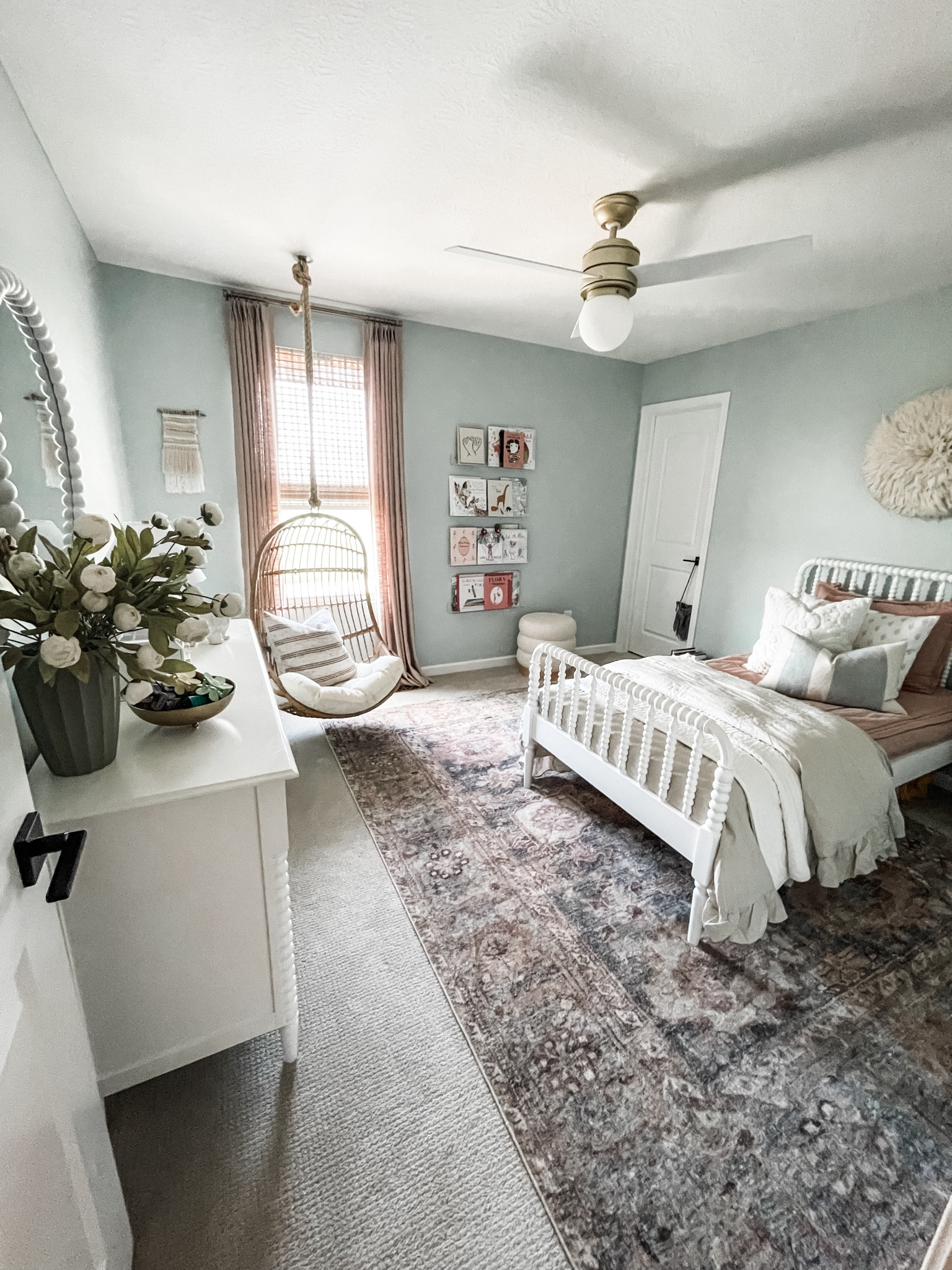 Girls room | bedroom, rug, Loloi, ceiling fan, homerilla, drapes, curtains, rattan hanging chair, Jenny Lind, crate & kids, bookshelf, pillow, bed, white bedroom furniture, dresser, mirror, pottery barn kids, Roman shades, vase, McGee & Co, faux stems, bedding, Wayfair

#LTKHome #LTKFamily #LTKKids