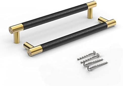 Githtra Bar Cabinet Handle Knob Pull Brushed Satin Gold/Brass Finish with Upholstered Black Leath... | Amazon (US)