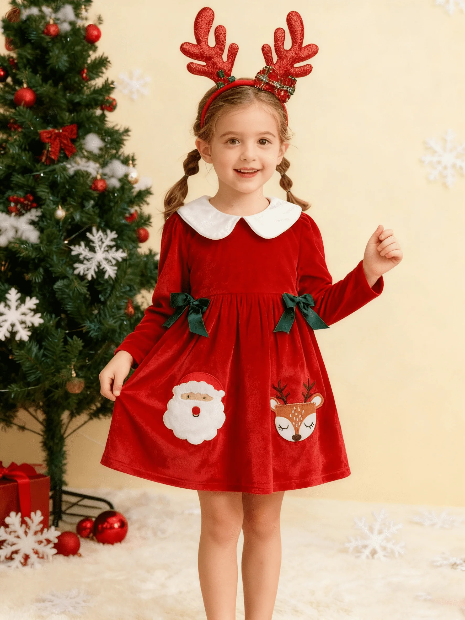 HILEELANG Toddler Girl Christmas Red Velvet Dress Long Sleeve Peter Pan Collar Elk Applique Party... | Walmart (US)