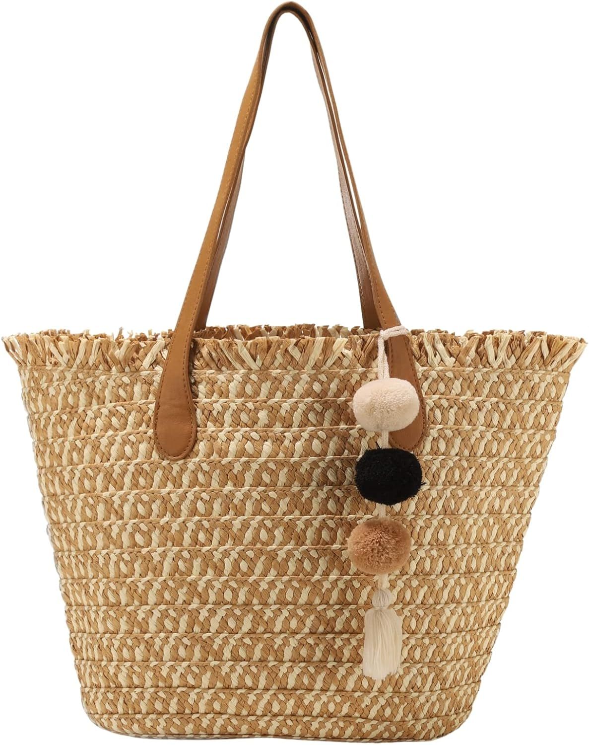 Beach Straw Bag Large Tote Bags for Women, Handmade Summer Purse Handbag L Beach Bags | Amazon (US)