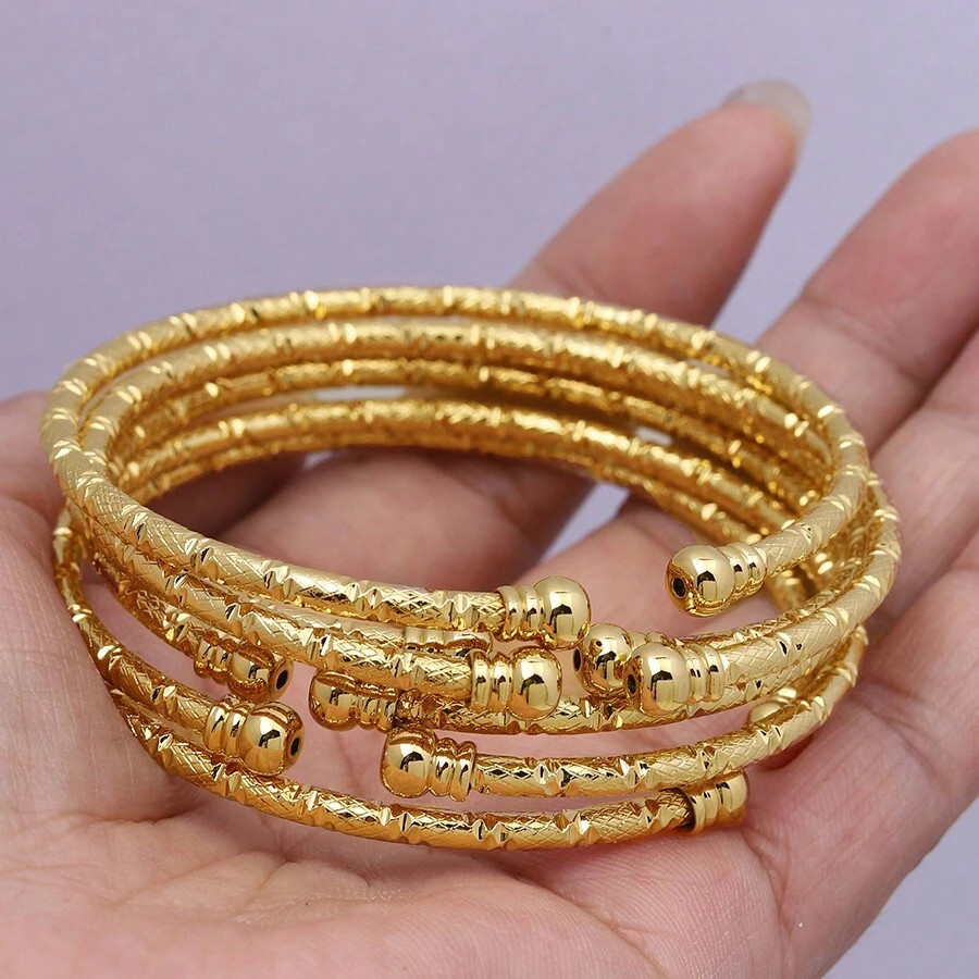 6pcs  24K Gold Plated Open Beaded Bangle Bracelets, Fashionable Classic Jewelry For Women In Duba... | SHEIN