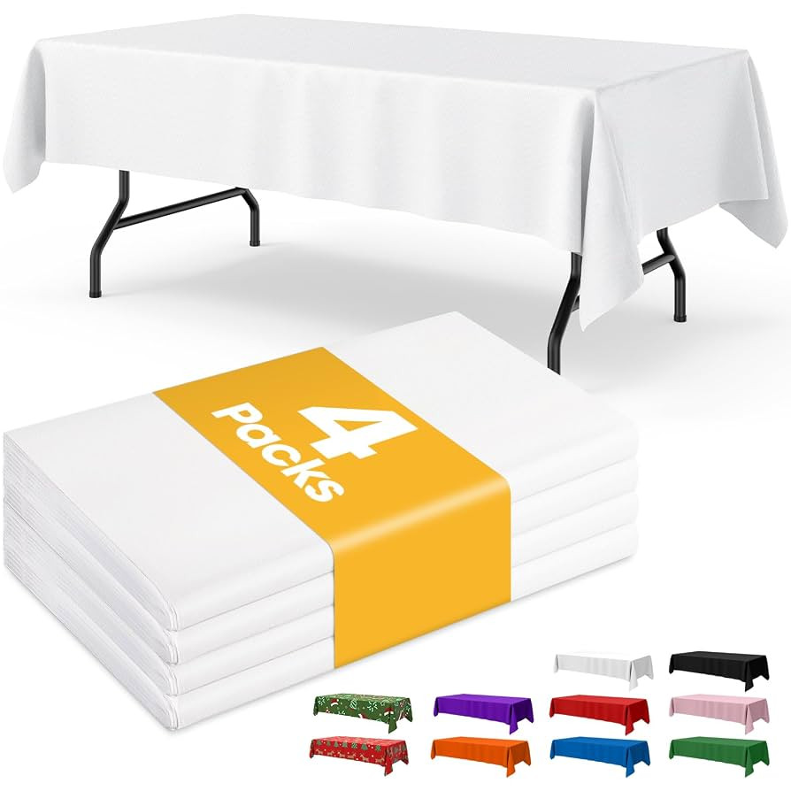 White Plastic Table Cloth - 4 Pack 54" × 108" Rectangle Disposable Tablecloths for 6FT Tables, W... | Amazon (US)