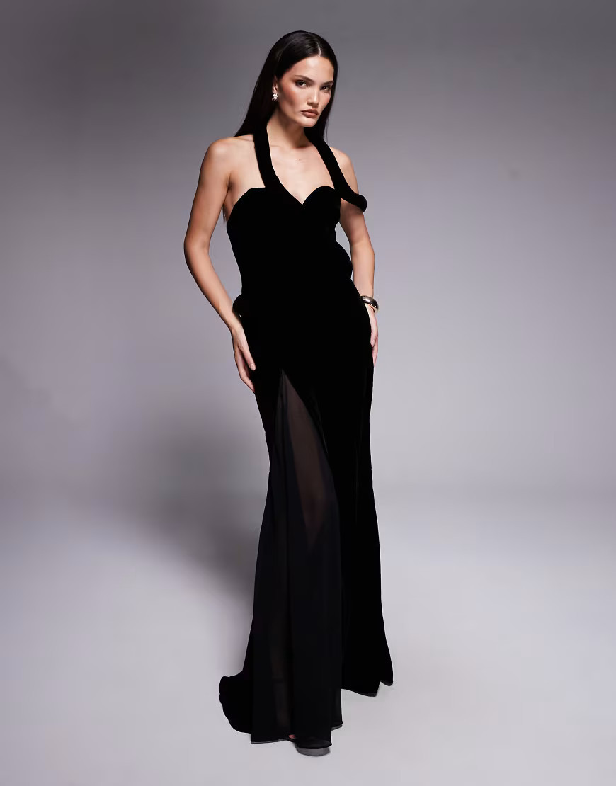 ASOS DESIGN padded neckline velvet maxi dress with sheer godet panels and train in black | ASOS (Global)