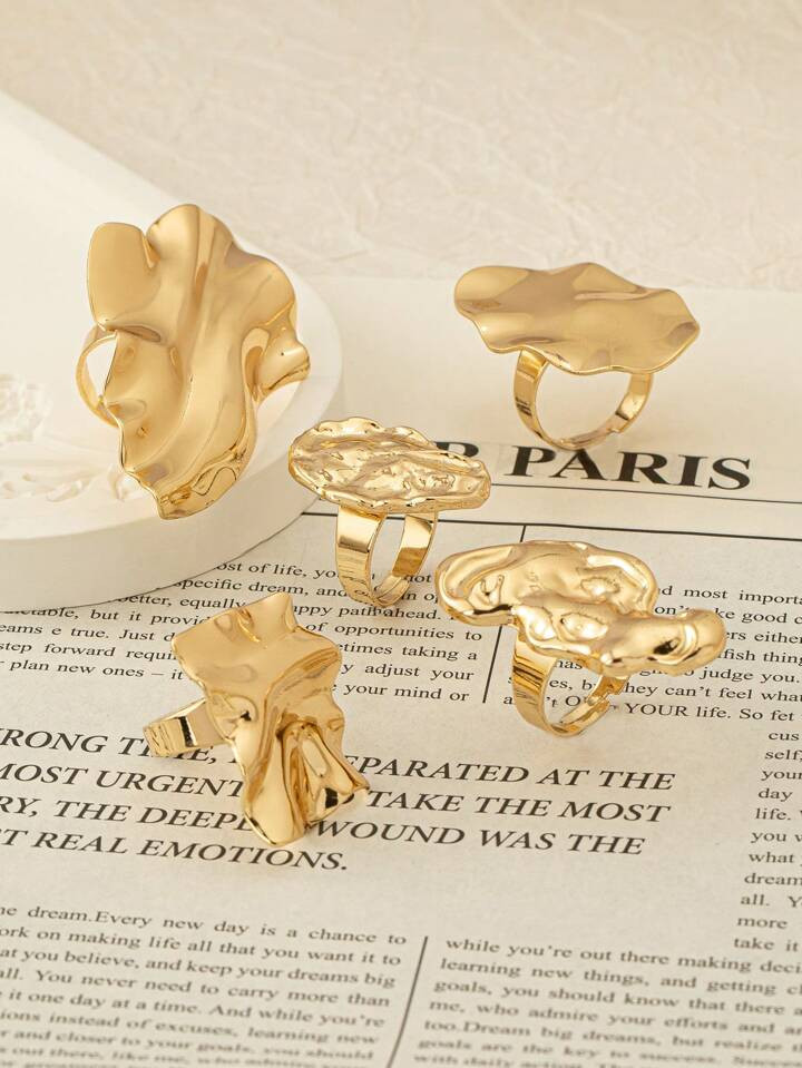 5 Pcs Golden Color Abstract Wrinkled Metal Statement Rings Set Women Chunky Ring Jewelry , Stacke... | SHEIN