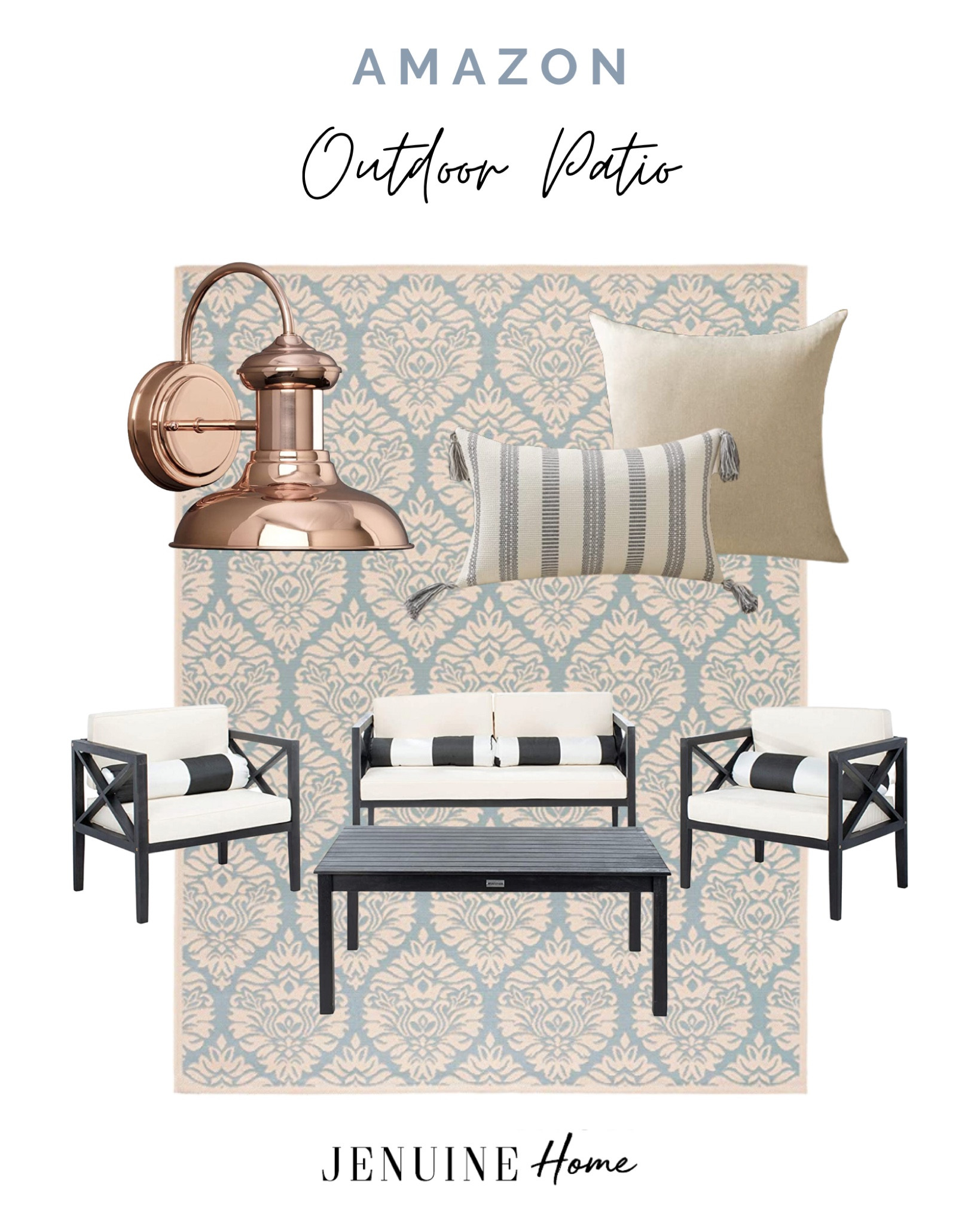 Outdoor patio. Back porch. Black and white modern outdoor sofa set. Black metal white cushioned patio set. Neutral traditional outdoor rug with teal. Neutral beige outdoor throw pillow. Gray and white lumbar throw pillow. Rose gold outdoor light. Summer outdoor. Amazon products  