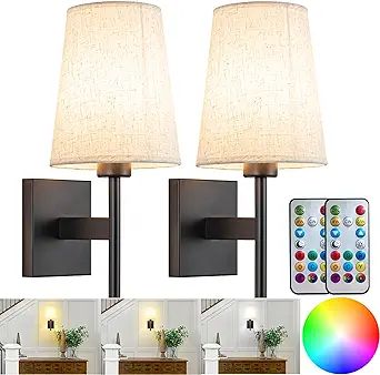 Battery Operated Wall Sconces Set of Two,Battery Operated Wall Lights with Remote, Fabric RGB Col... | Amazon (US)