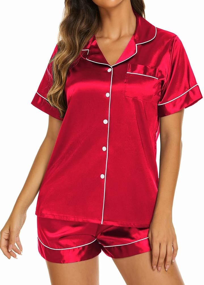 Ekouaer Silk Pajamas Womens Short Sleeve Sleepwear Soft Satin Button Down Loungewear 2 Piece Pjs Sho | Amazon (US)