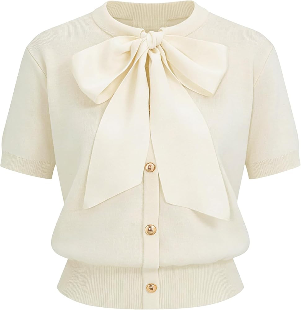 Yeokou Women's Satin Bow Short Sleeve Knit Cardigan Metal Button Crew Neck Casual Sweater Top for... | Amazon (US)