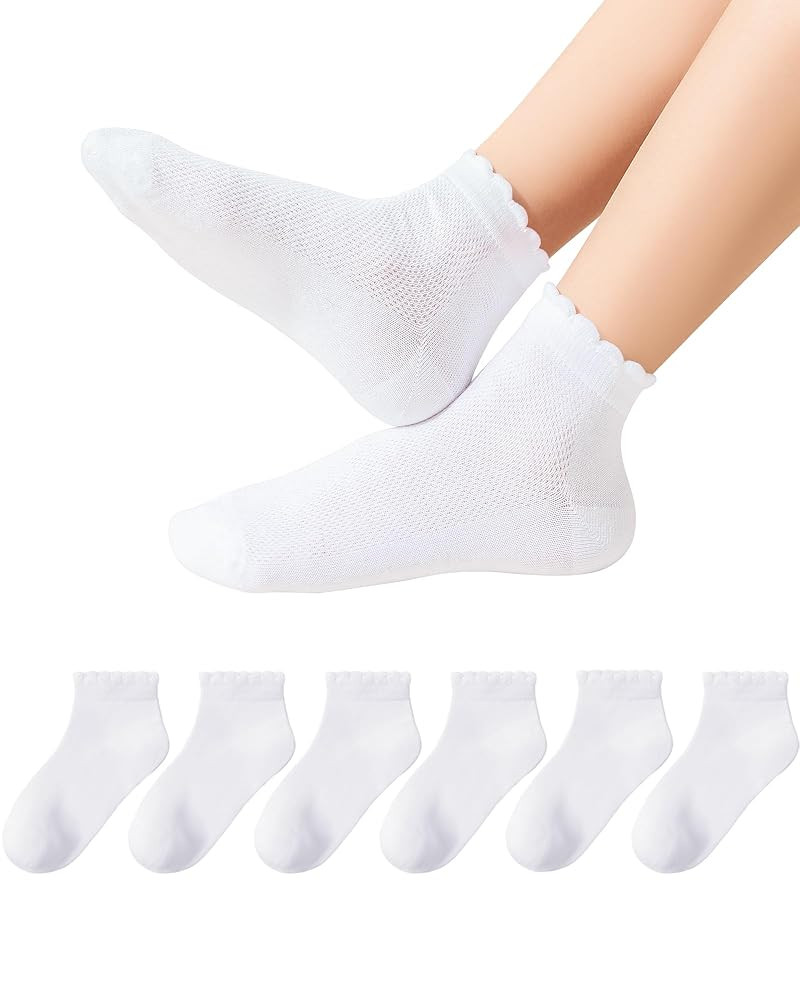 Girls White Ruffle Socks School Uniform Kids Cotton Crew Ankle Cute Frilly Dress Socks 6 Pack | Amazon (US)