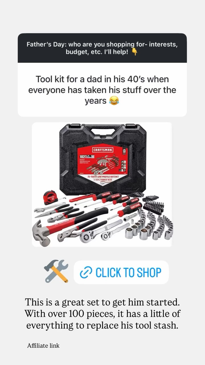 Father’s Day gift idea: This is a great set to get him started. With over 100 pieces, it has a little of everything to replace his tool stash.

#LTKMens #LTKHome #LTKstorytime