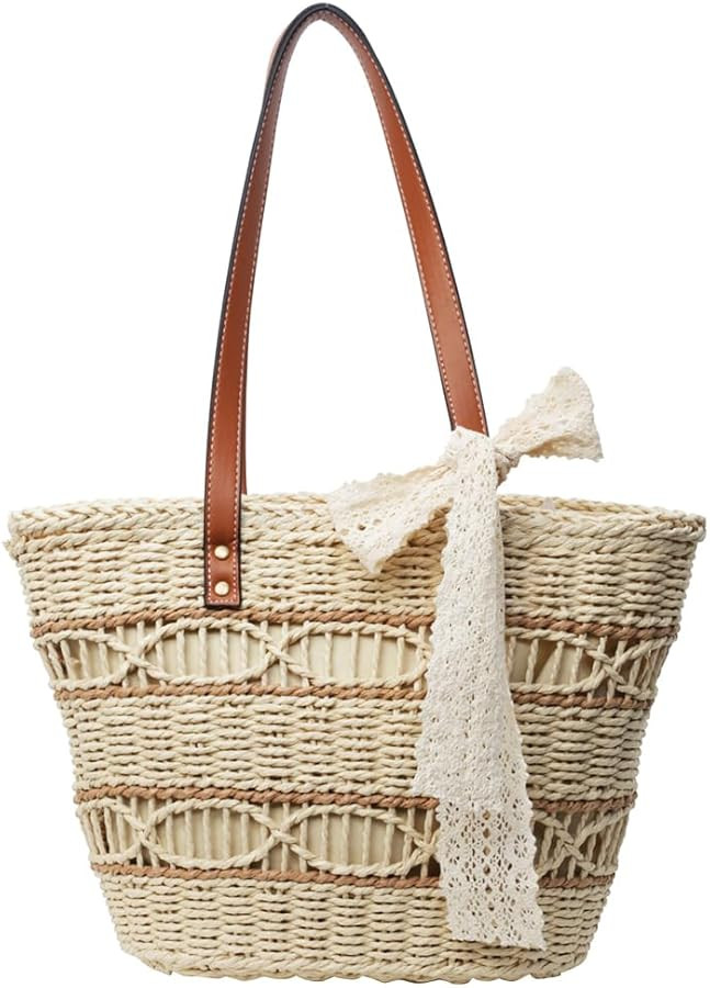 Straw Bucket Bag, Summer Beach Handmade Tote Bag, Woven Rattan Raffia Wicker Basket Purse with Pe... | Amazon (US)