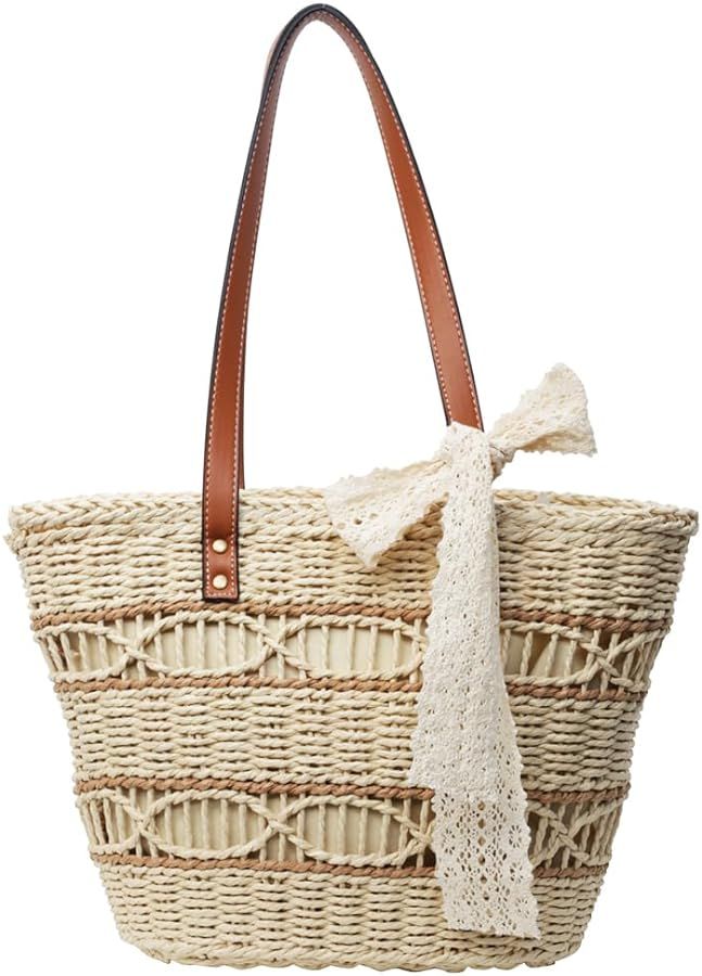 Straw Bucket Bag, Summer Beach Handmade Tote Bag, Woven Rattan Raffia Wicker Basket Purse with Pe... | Amazon (US)
