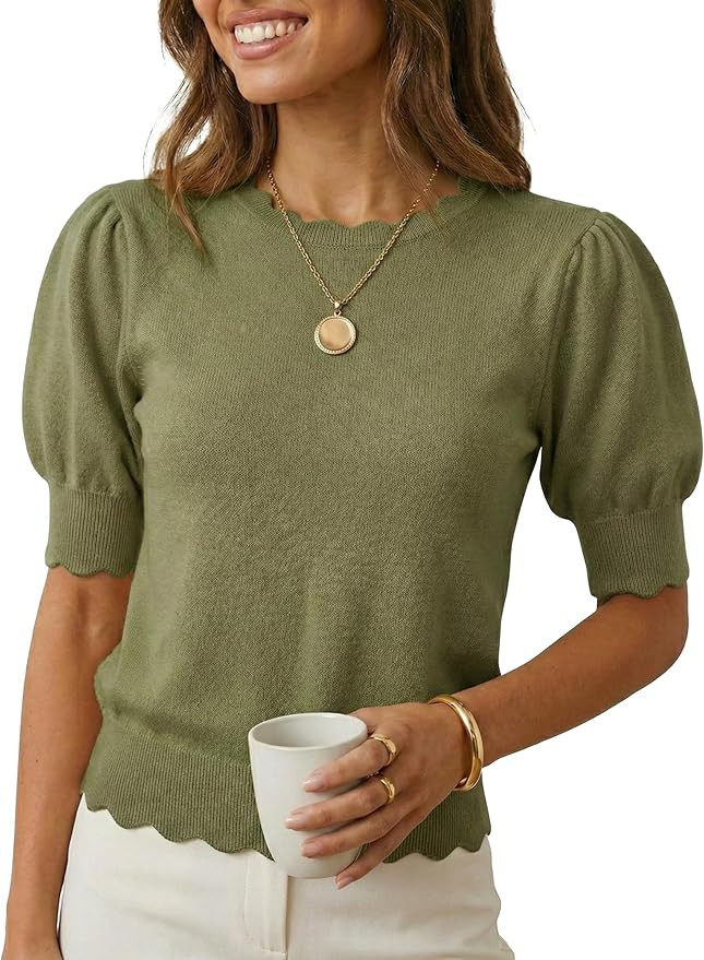 Short Sleeve Sweater for Women Pullover Knit Tops Scalloped Crewneck Puff Sleeve 2026 | Amazon (US)
