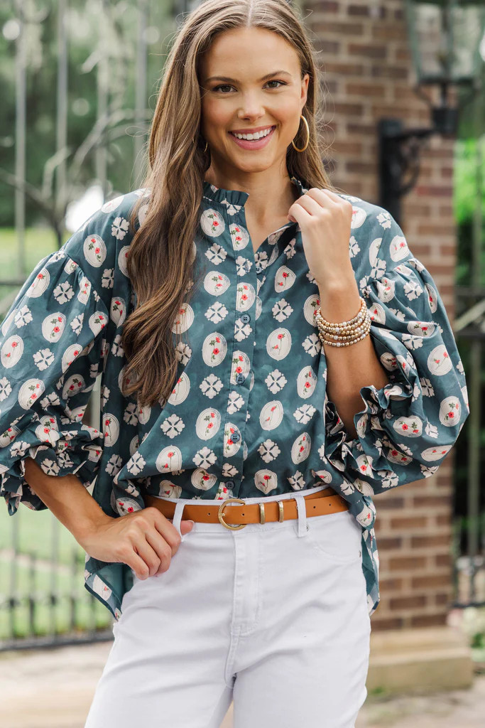 Take Your Turn Teal Medallion Blouse | The Mint Julep Boutique