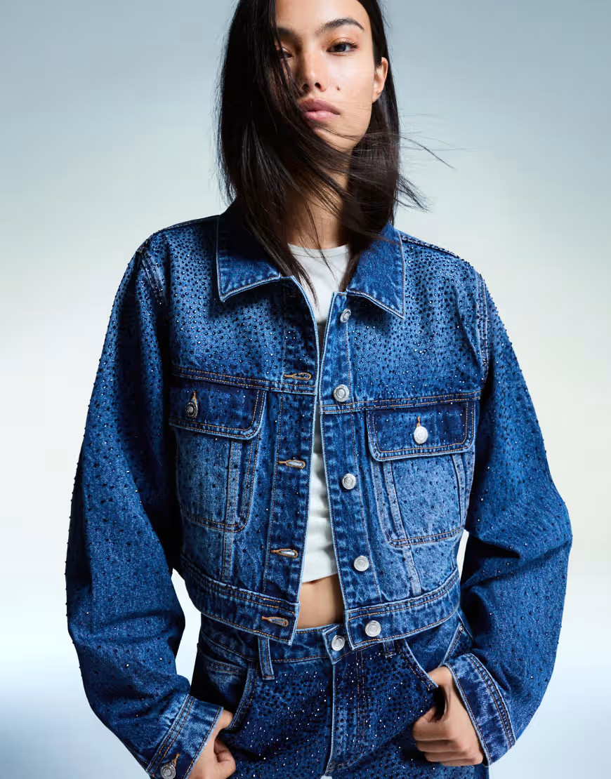 Bershka Denim jacket with rhinestones in denim blue | ASOS (Global)