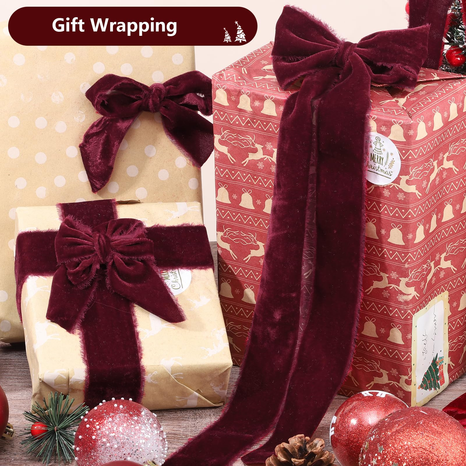 Burgundy Velvet Ribbon 1 1/2 Inch 5 Yards Wine Red Frayed Velvet Christmas Ribbon for Flower Bouq... | Amazon (US)