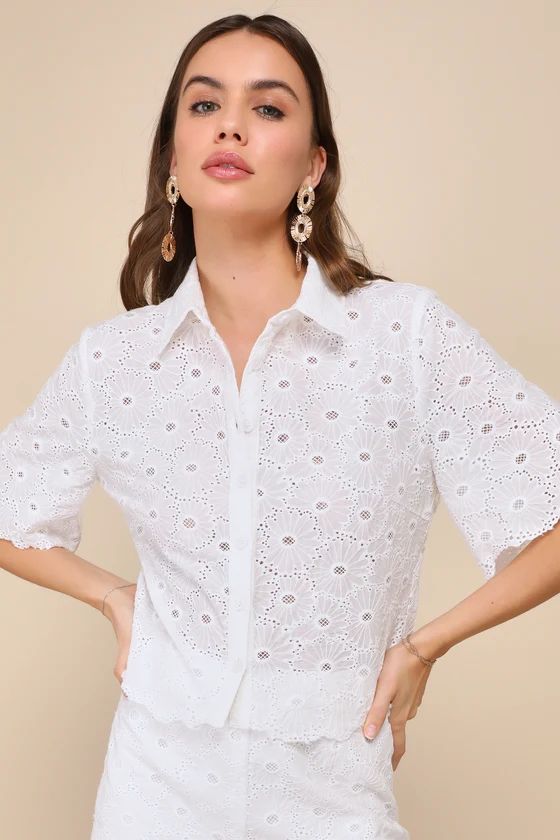 Sunny Angel White Embroidered Button-Front Short Sleeve Top | Lulus