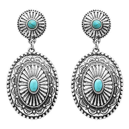 Rosemarie Collections Women's Southwestern Concho Style Turquoise Howlite Stone Drop Statement Post Earrings, 2" (Oval Dangle Concho) | Amazon (US)