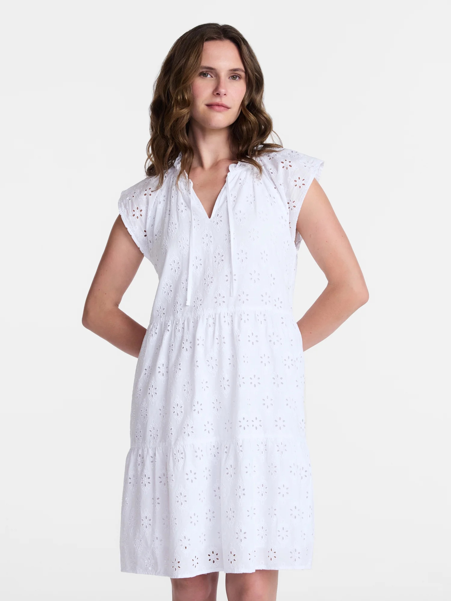 Time and Tru Women's Eyelet Embroidery Cotton Mini Dress with Flutter Sleeves, Sizes XS-XXXL | Walmart (US)