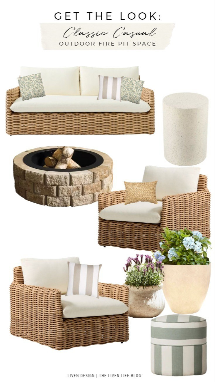 Outdoor firepit space. Patio decor. Wicker sofa. Wicker patio chairs. Planters. Outdoor pillows. William Morris pillows. Outdoor side table.  

#LTKSeasonal #LTKHome #LTKSaleAlert