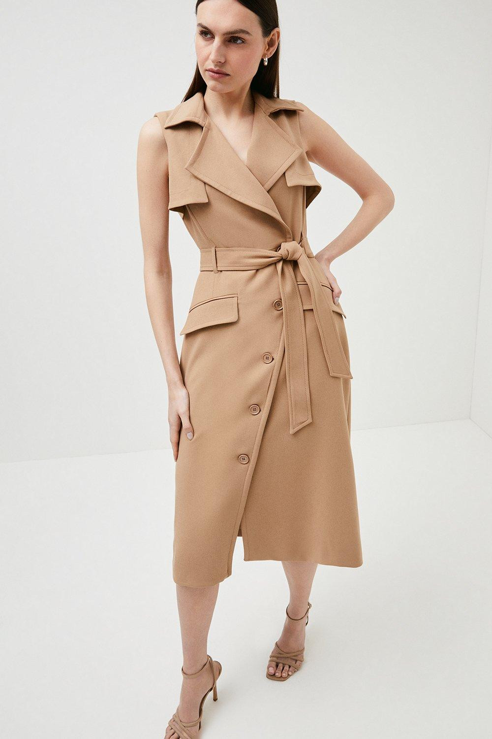 Compact Stretch Sleeveless Button Dress | Karen Millen UK & IE