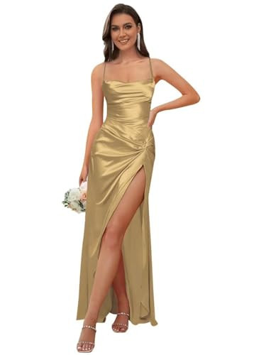CAZSXIS Mermaid Prom Dress Plus Size Gold Dress Corset Satin Bridesmaid Dresses for Women Pleated Silk Formal Wedding Guest Dress Summer Size16w | Amazon (US)