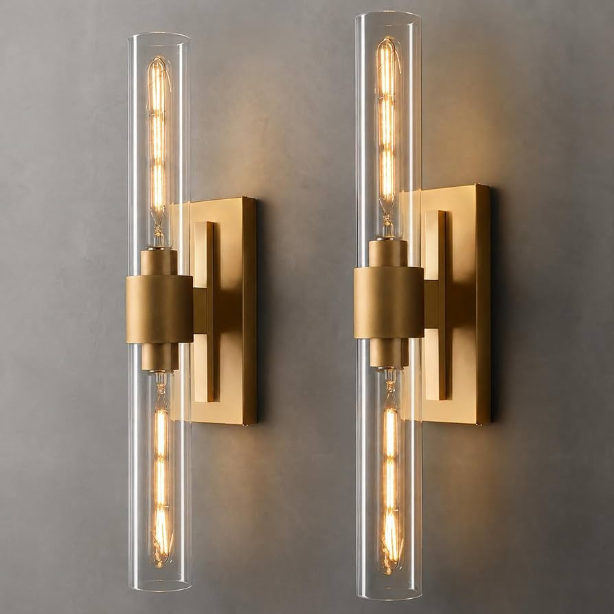 Brass Wall Sconces Set of 2 - Luxury Gold Bathroom Vanity Lights - Champagne Brushed Glass Sconce... | Amazon (US)