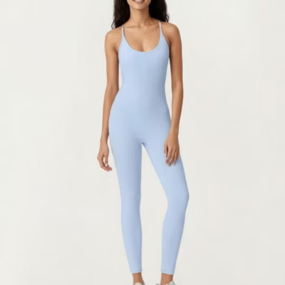 Anna-Kaci Active Women's Scoop Neck Full-Length Activewear Bodysuit with Spaghetti Straps - Medium, Light Blue | Target