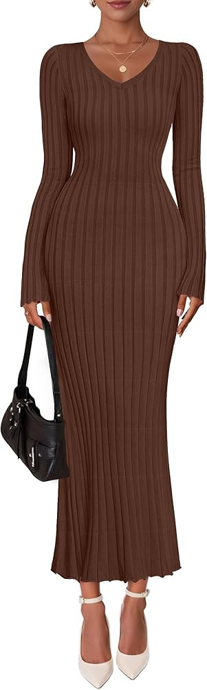 ZESICA Women's 2025 Fall Sweater Dress Long Sleeve V Neck Ribbed Knit Party Cocktail Bodycon Maxi... | Amazon (US)