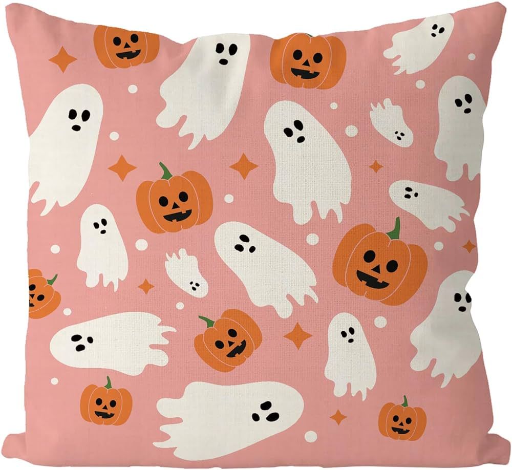 Halloween Pillow Covers 18x18 Inch Ghost Pumpkins Pink Linen Pillowcase Holiday Farmhouse Throw P... | Amazon (US)