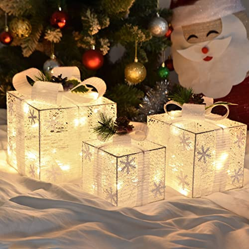 Lighted Gift Boxes, Set of 3 Christmas Decorations, Light up Ornaments, Warm White LED with Bows for Indoor Party Holiday, Snow Decor | Amazon (US)