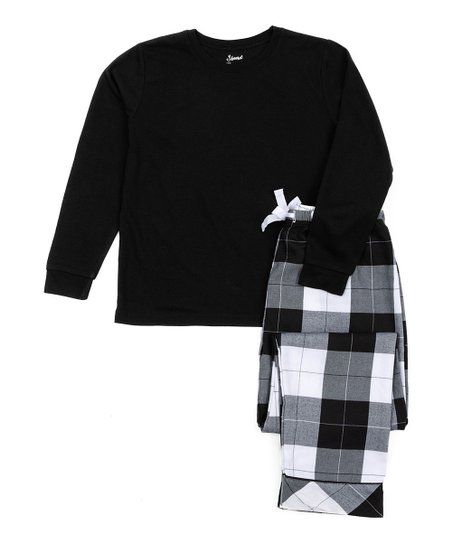 Leveret Black & White Plaid Flannel Pajama Pants & Black Top - Toddler & Kids | Zulily